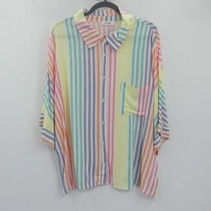 Emily Wonder Rayon Pastel Stripe Button Up Shirt Size 1X Rainbow Multi Colorful